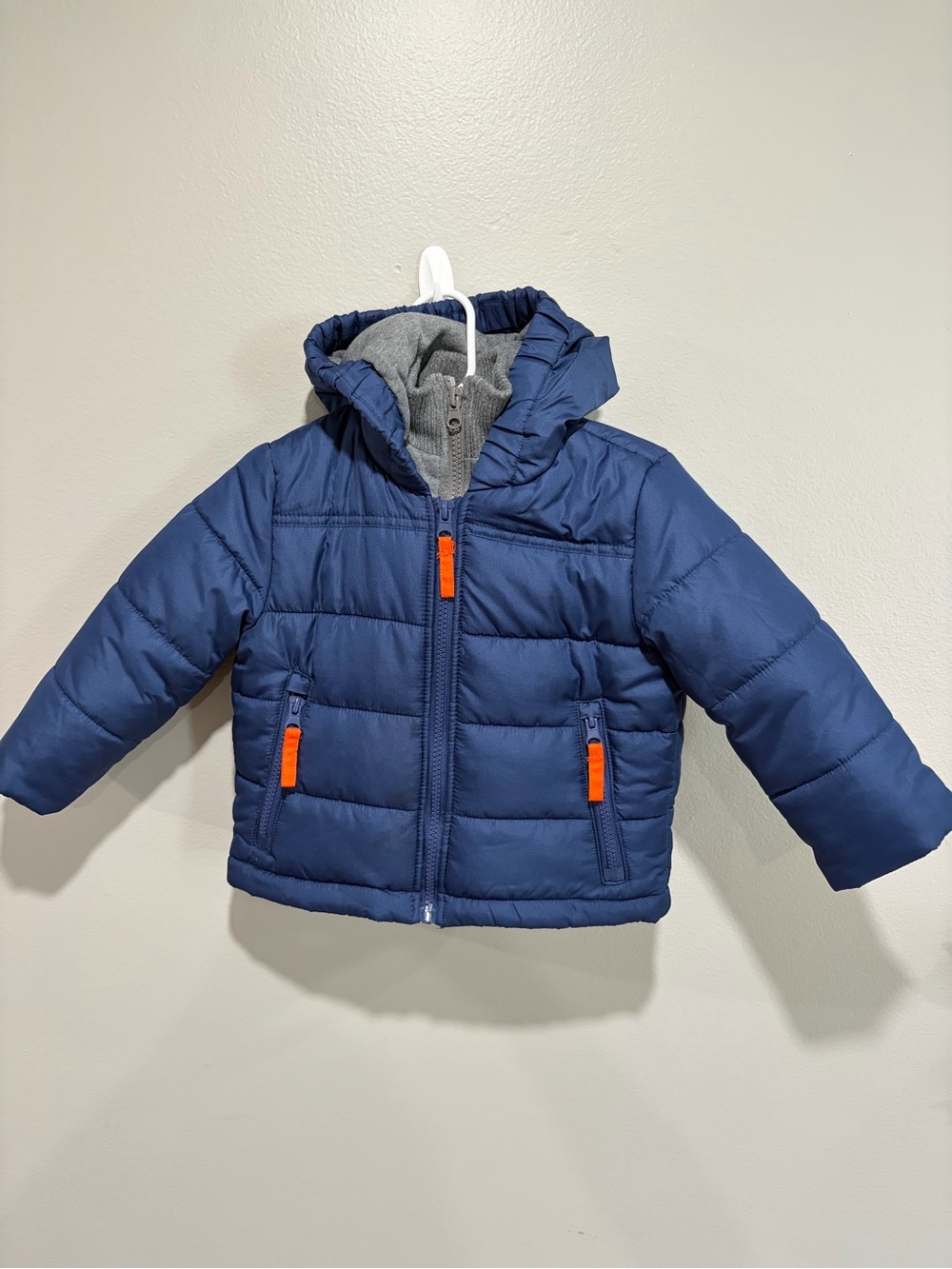 Kids Navy Puffer Jacket with Orange Accents double lined